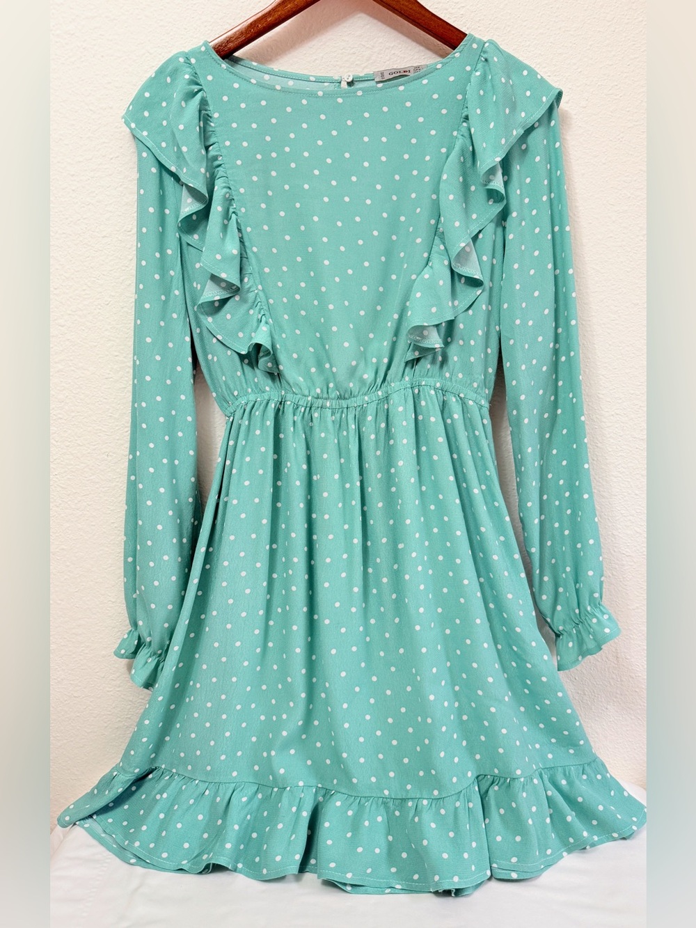 Mint Polka Dot Ruffle Mini Dress Long Sleeve Size M   GOLDI